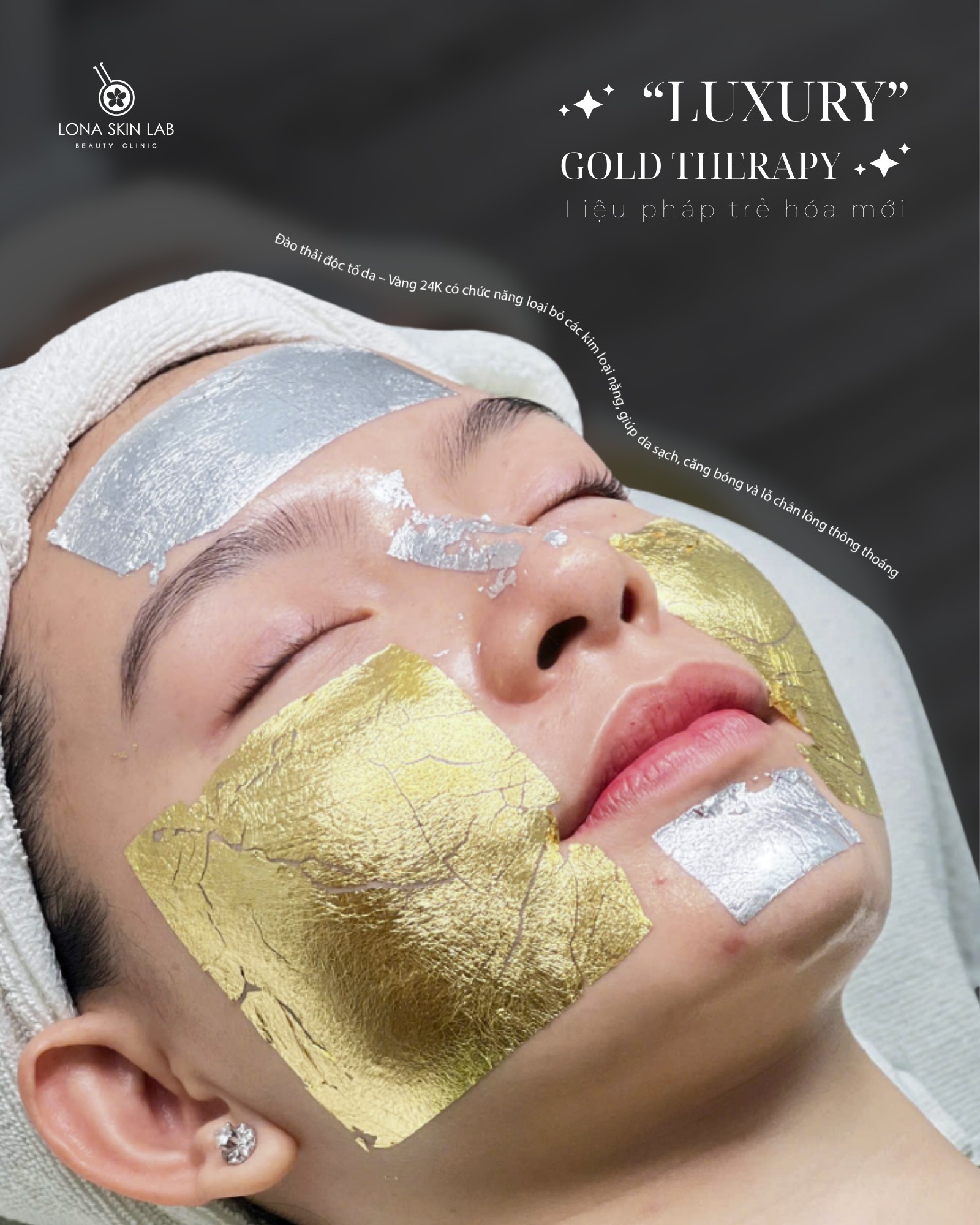 Hình ảnh chất lượng cao minh họa Luxury Gold Therapy, Liệu Pháp Vàng 24K hiện đại, giúp trẻ hóa da nhờ công nghệ làm đẹp bằng vàng và chăm sóc da bằng vàng 24K tối ưu.
