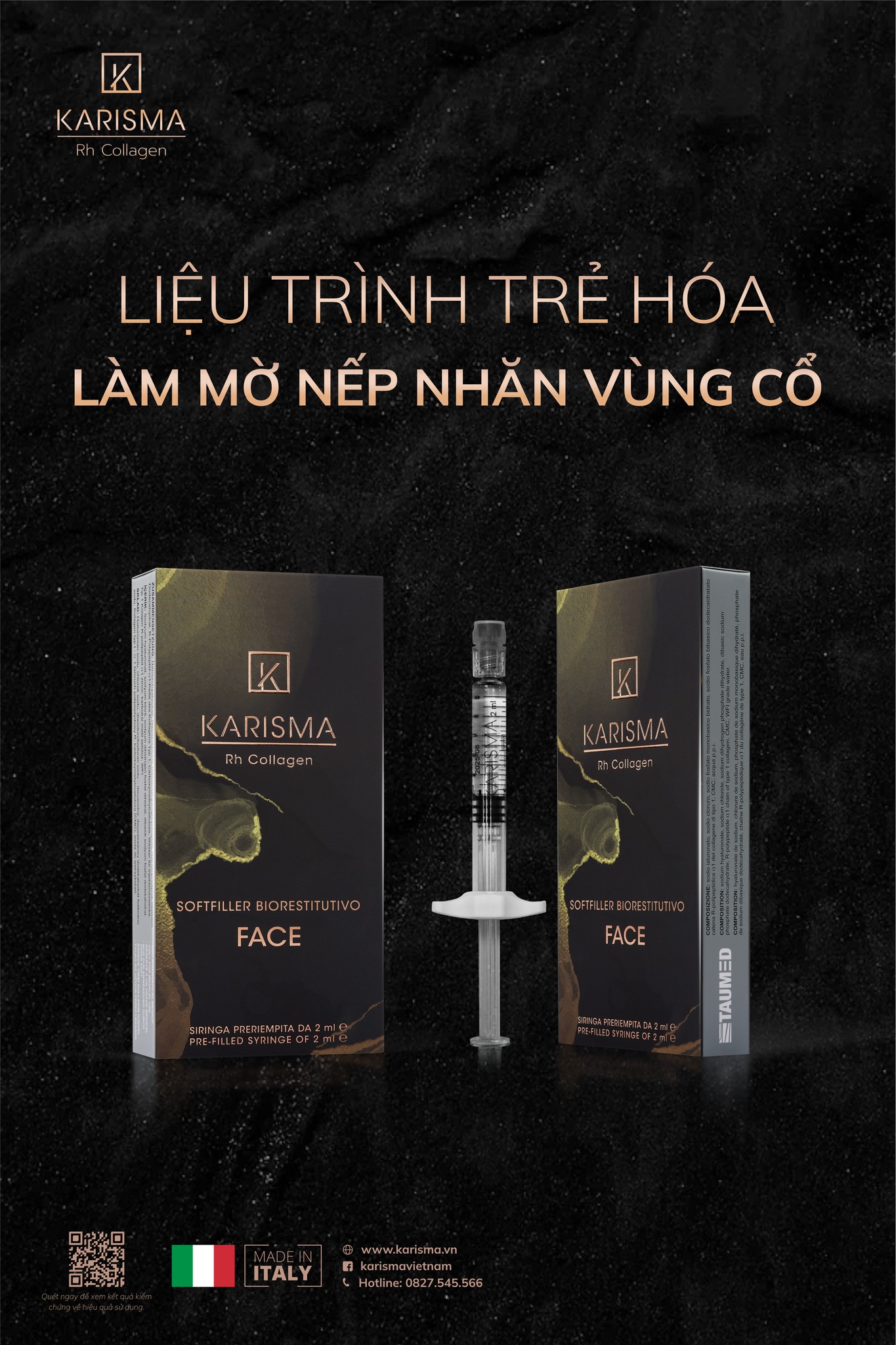 Ảnh chụp quá trình tiêm karisma với sự tập trung vào kết quả tự nhiên, kèm theo đó là thông điệp về 'tiêm karisma' và 'công dụng karisma'.